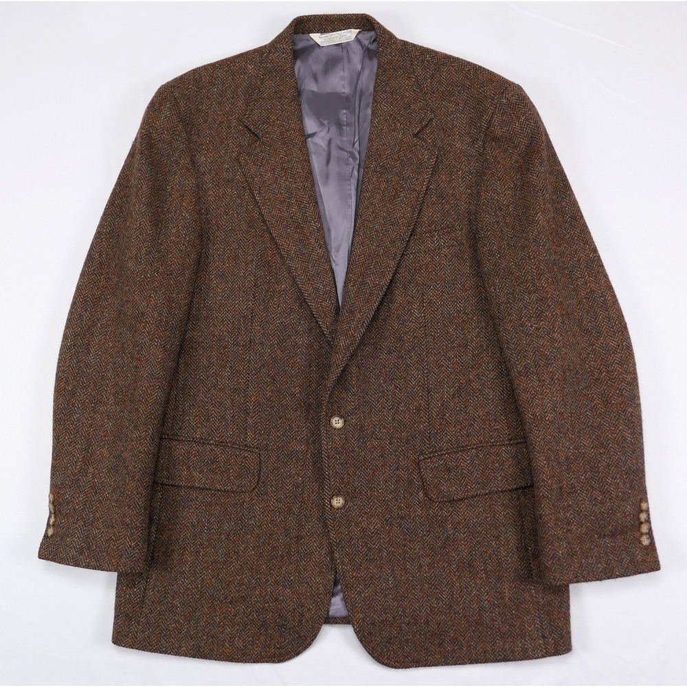 VTG Lands End x Harris Tweed Mens 44L Rust Herringbone Wool Sport Coat USA
